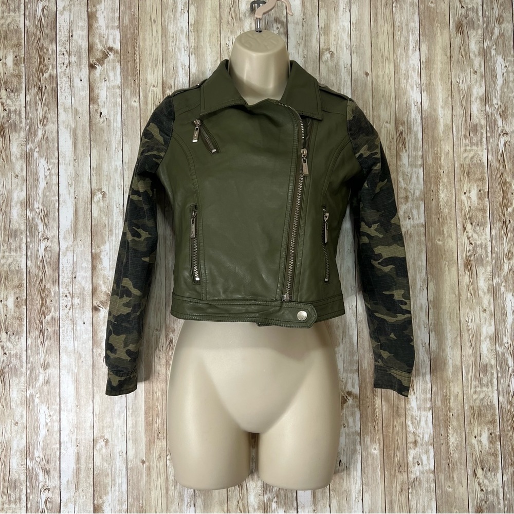 Jou Jou Green Leather Jacket with Camouflage Sleeves
